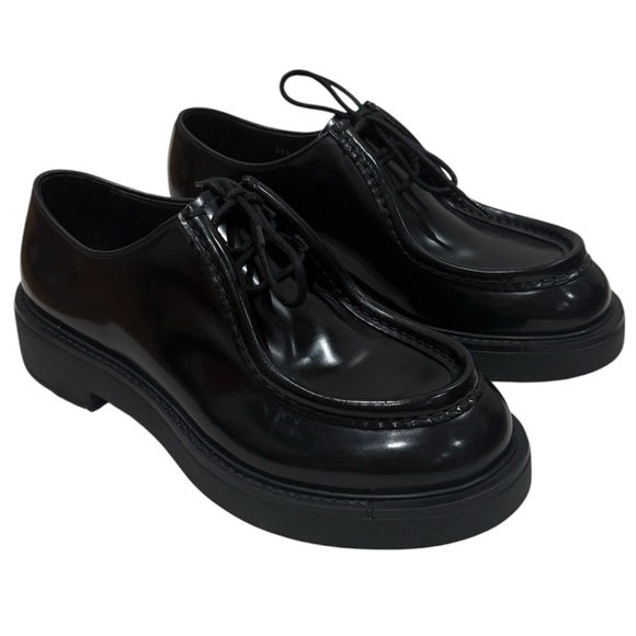 Prada Men's Diapason Opaque Brushed Leather Derby Shoes Black Sz 9 Chunky LaceUp - Picture 1 of 12